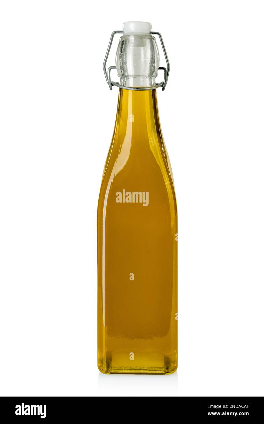 Natives Olivenöl extra in Glasflasche mit luftdichter Kappe und Schnappverschluss, isoliert auf weißem Clipping-Pfad Stockfoto