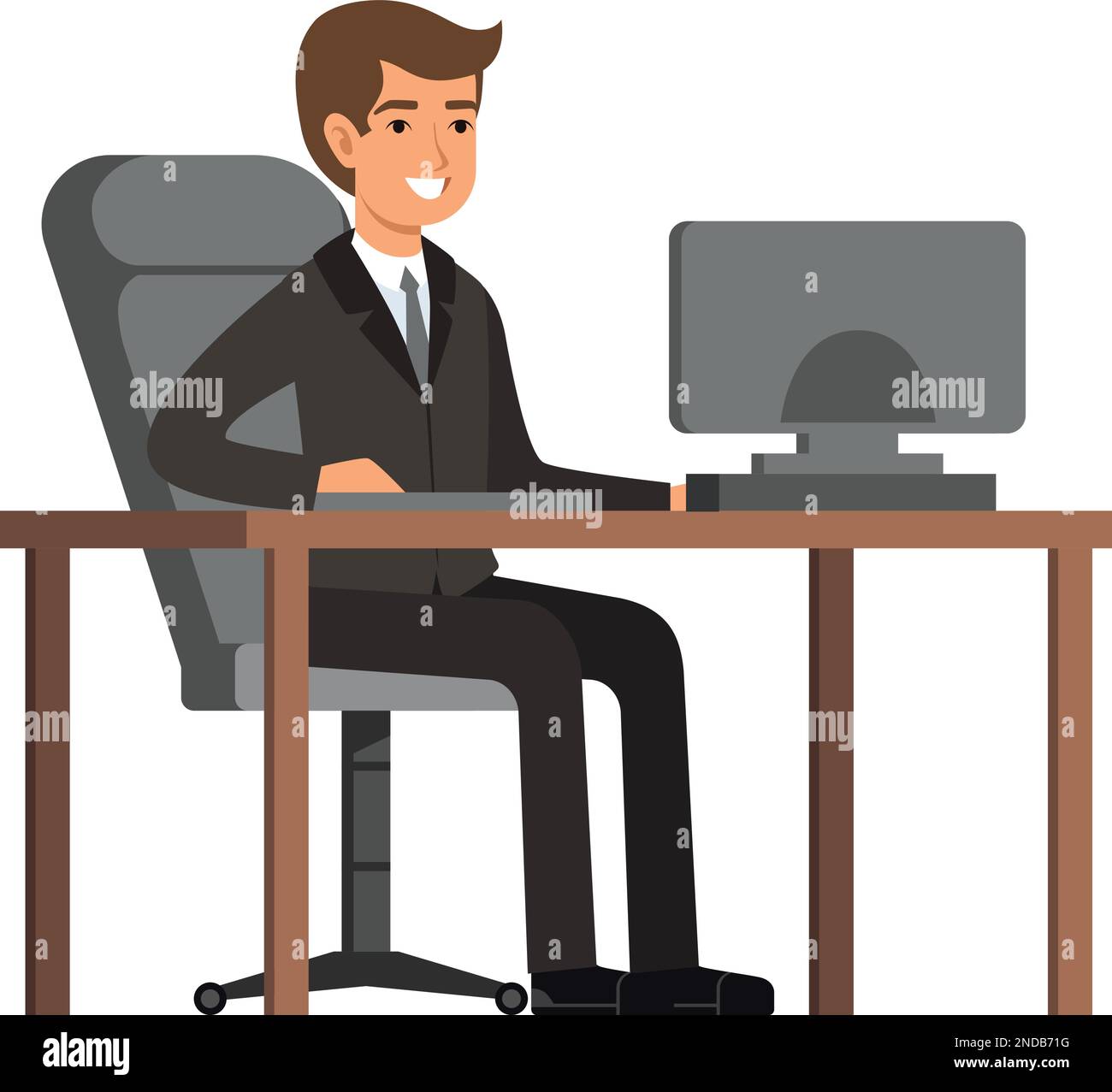 Büroleiter am Arbeitsplatz. Ein Cartoon-Geschäftsmann sitzt am Computertisch Stock Vektor