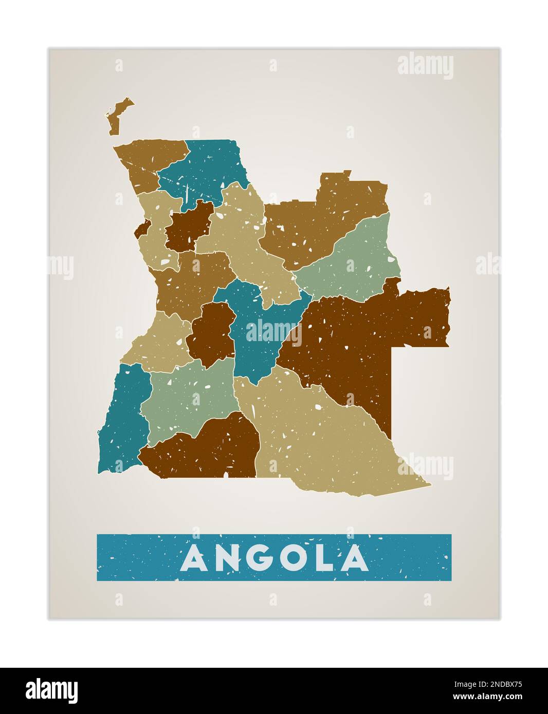 Angola-Karte. Länderposter mit Regionen. Alte Grunge-Textur. Form Angolas mit Ländernamen. Wunderschöne Vektordarstellung. Stock Vektor