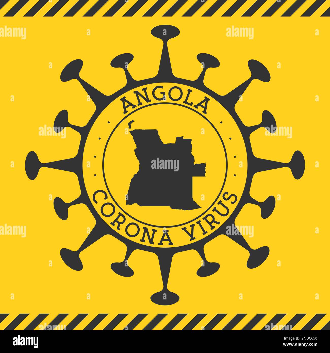 Coronavirus in Angola-Zeichen. Runde Abzeichen mit Form des Virus und Angola Karte. Gelber Country Epidemie Lockdown Stempel. Vektorabbildung. Stock Vektor