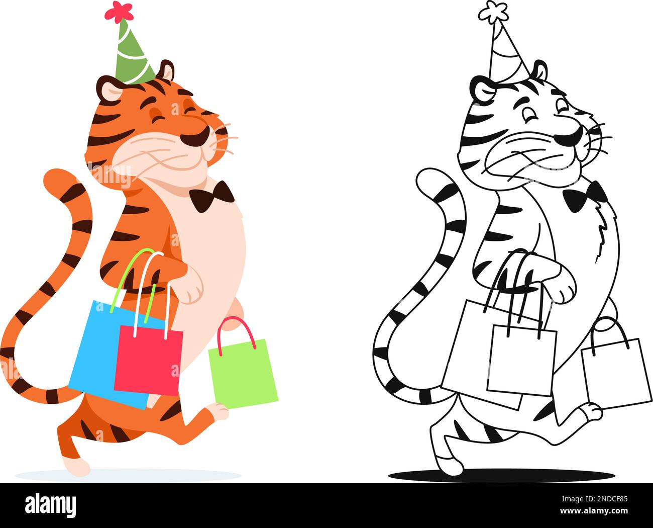 Malbuch. Komischer Cartoon-Tiger mit Taschen. Stock Vektor
