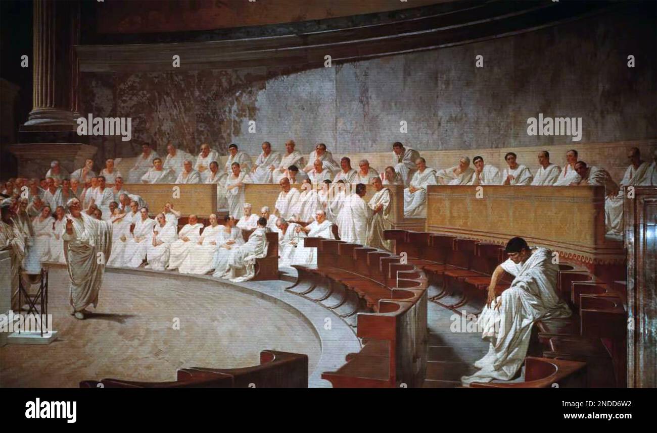 RÖMISCHER SENAT in Sitzung auf einem Fresko aus dem 19. Jahrhundert im Palazzo Madama, Rom. Es zeigt, wie Cicero Catiline angreift Stockfoto