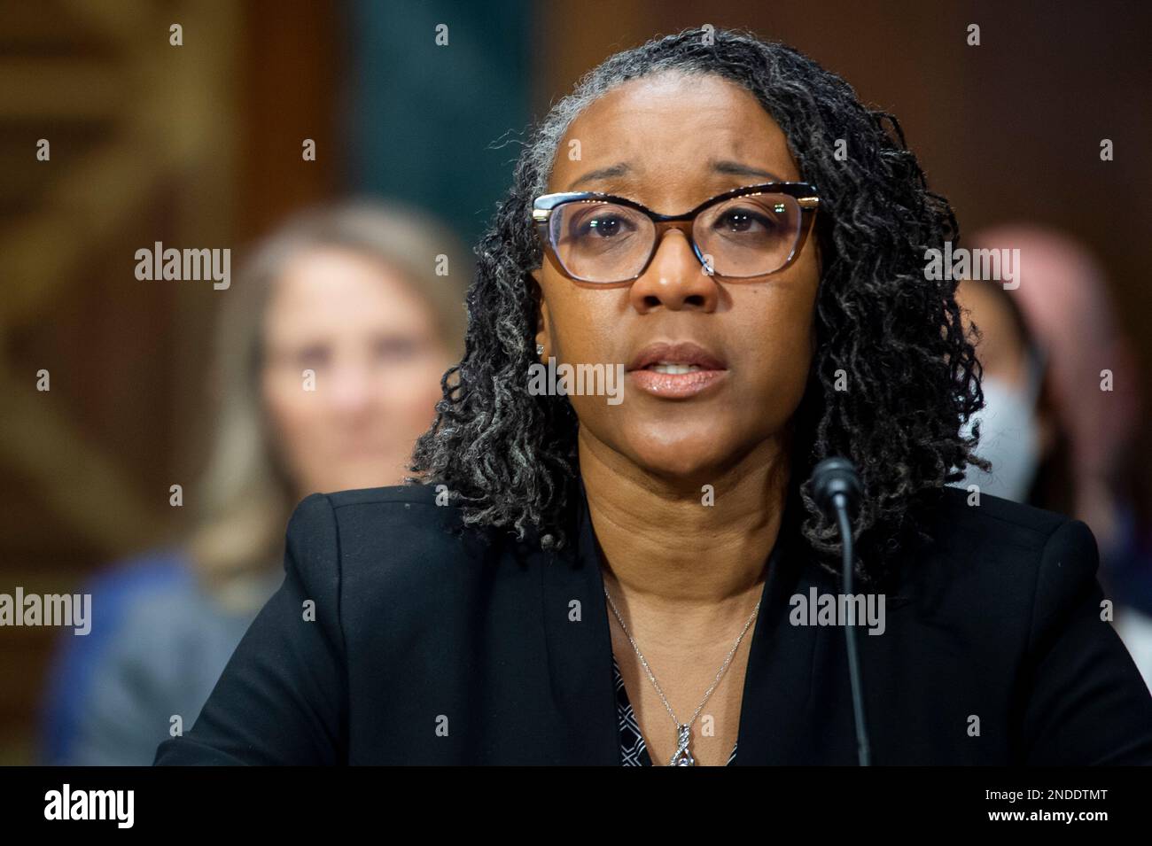 Washington, Vereinigte Staaten. 15. Februar 2023. LaShonda A. Hunt tritt vor einem Senatsausschuss für das Justizwesen auf, um sie am Mittwoch, den 15. Februar 2023, im Dirksen Senate Office Building in Washington, DC, zum Richter des US-Bezirks für den Northern District of Illinois zu ernennen. Kredit: Rod Lamkey/CNP/dpa/Alamy Live News Stockfoto