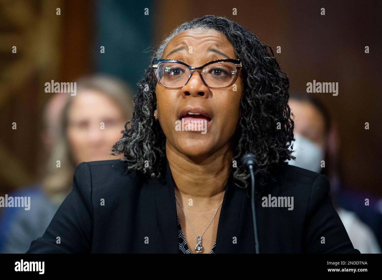 Washington, Vereinigte Staaten. 15. Februar 2023. LaShonda A. Hunt tritt vor einem Senatsausschuss für das Justizwesen auf, um sie am Mittwoch, den 15. Februar 2023, im Dirksen Senate Office Building in Washington, DC, zum Richter des US-Bezirks für den Northern District of Illinois zu ernennen. Kredit: Rod Lamkey/CNP/dpa/Alamy Live News Stockfoto