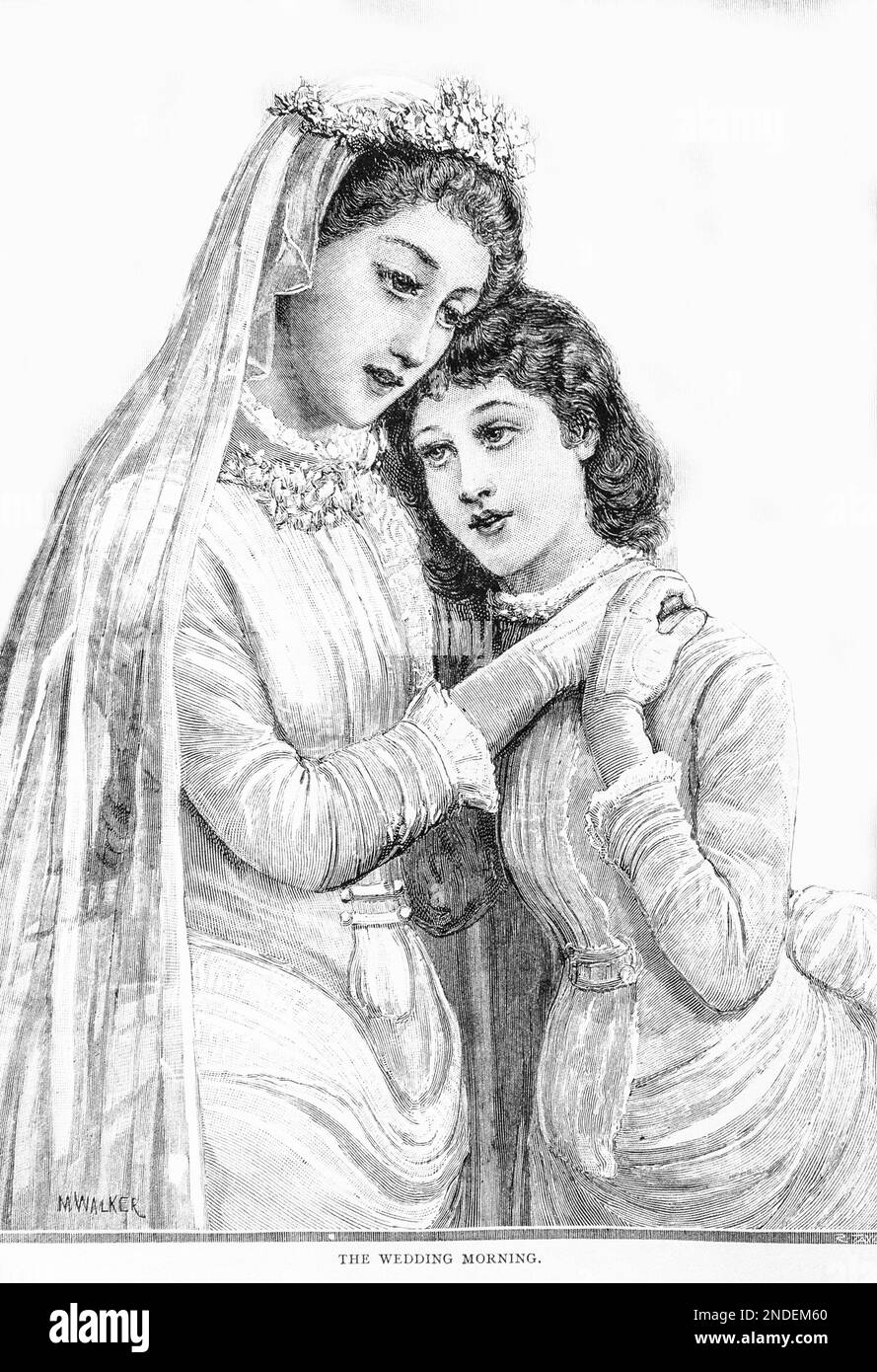 Eine Skizze aus dem 19. Jahrhundert von einer Braut an ihrem Hochzeitstag mit ihrer jüngeren Schwester mit dem Titel „The Wedding Morning from the Girls Own Paper of 1887. Stockfoto