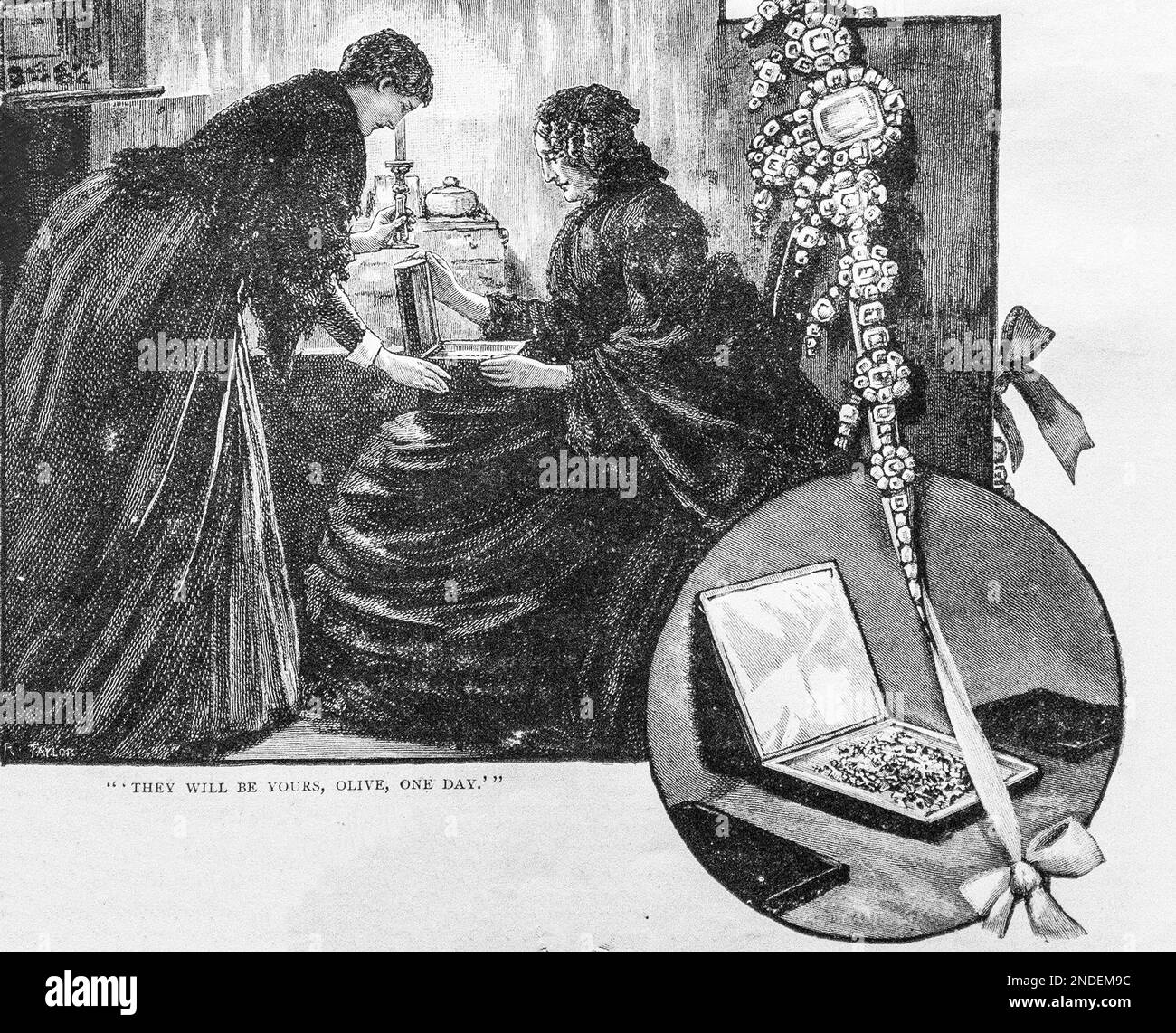 Eine Skizze aus dem 19. Jahrhundert von zwei Frauen, Mutter und Tochter, die auf eine Schmuckkiste mit dem Titel „You will be You, Olive, One Day“ aus dem Girls Own Paper von 1887 schauen. Stockfoto