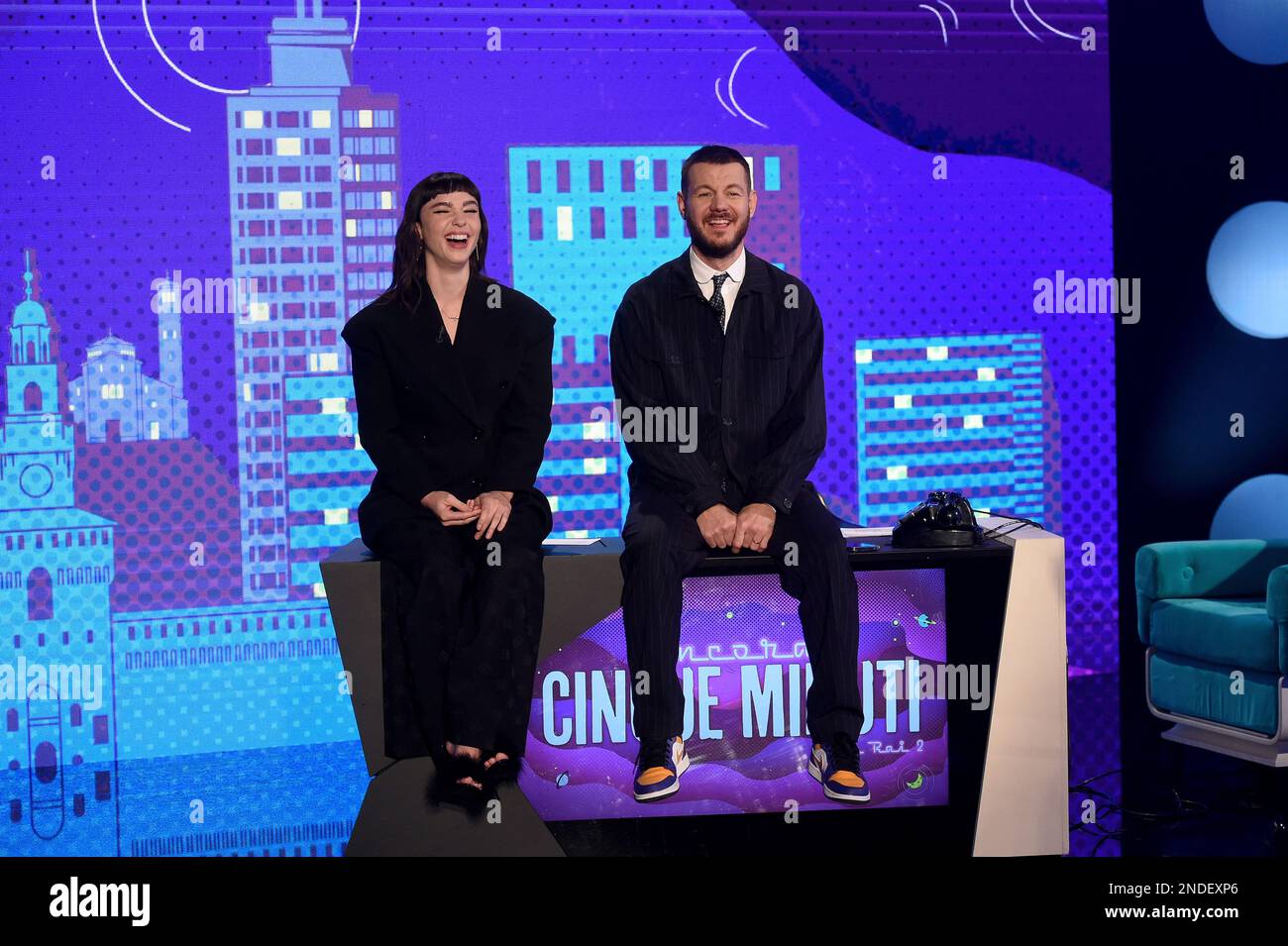 Mailand, Italien. 15. Februar 2023. Mailand, TV-Show „Tonight there is Cattelan“, Rai 2 - Alessandro Cattelan, Matilda De Angelis Credit: Independent Photo Agency/Alamy Live News Stockfoto