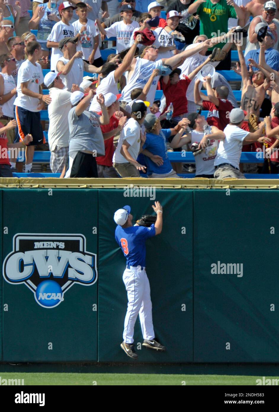 Florida left fielder Daniel Pigott watches as fans reach for a three-run home run hit by Florida State's Mike McGee in the third inning of an NCAA College World Series baseball elimination game in Omaha, Neb., Monday, June 21, 2010. (AP Photo/Ted Kirk) Stockfoto