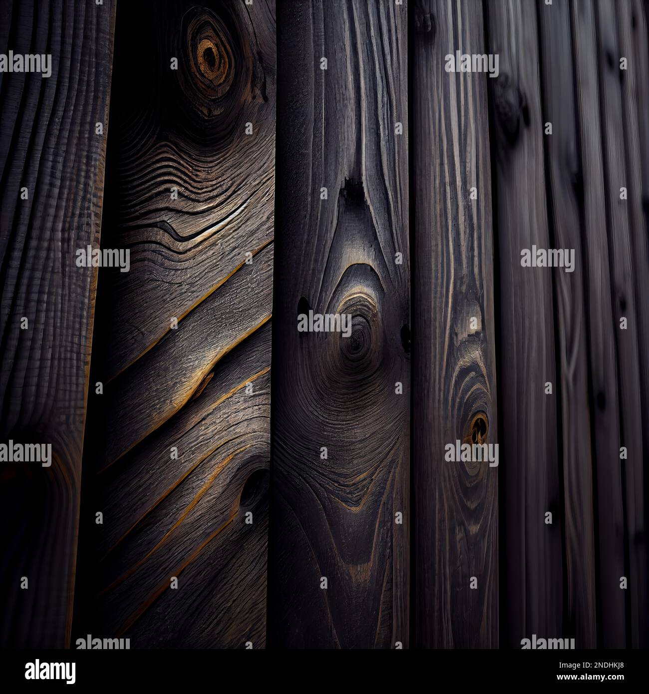 Abstrakter Hintergrund der Holzoberfläche Shou Sugi Ban. Dekorative Holzpaneele Nahaufnahme, detaillierte Holzstruktur. Natürliches, altmodisches Holzmaterial abstraktes Muster. Stockfoto