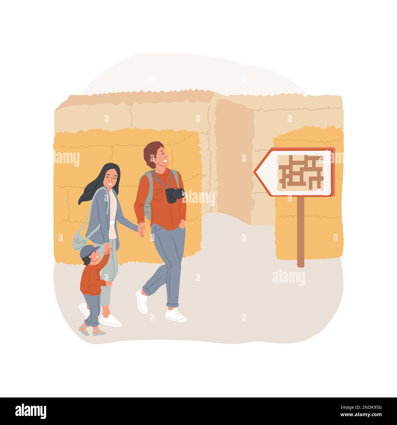 Darstellung des isolierten Cartoon-Vektors im Labyrinth von Strohballen. Familienausflug, Freizeit, Labyrinth mit Heuballen, Wandern in einem Strohlabyrinth, Verlaufen, Herbst Outdoor-Aktivitäten Vektor-Cartoon. Stock Vektor