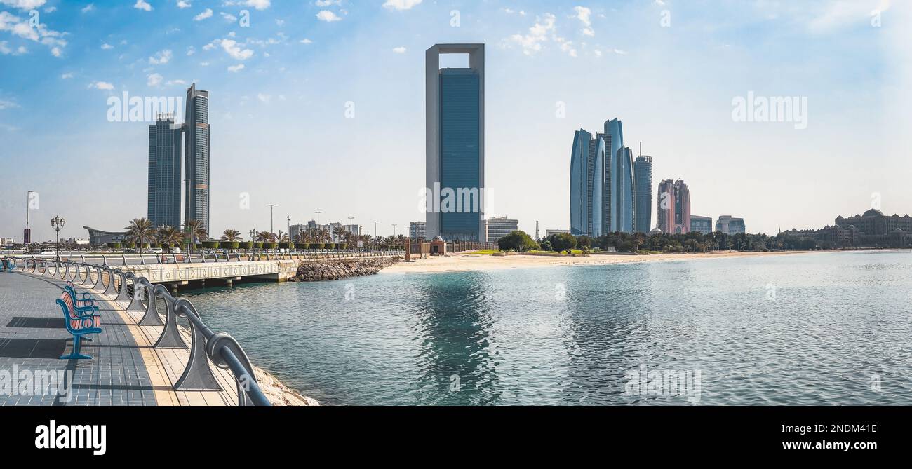 Abu Dhabi Corniche Promenade in Al Marina, Rad- und Fußgängerwege in den Vereinigten Arabischen Emiraten Stockfoto