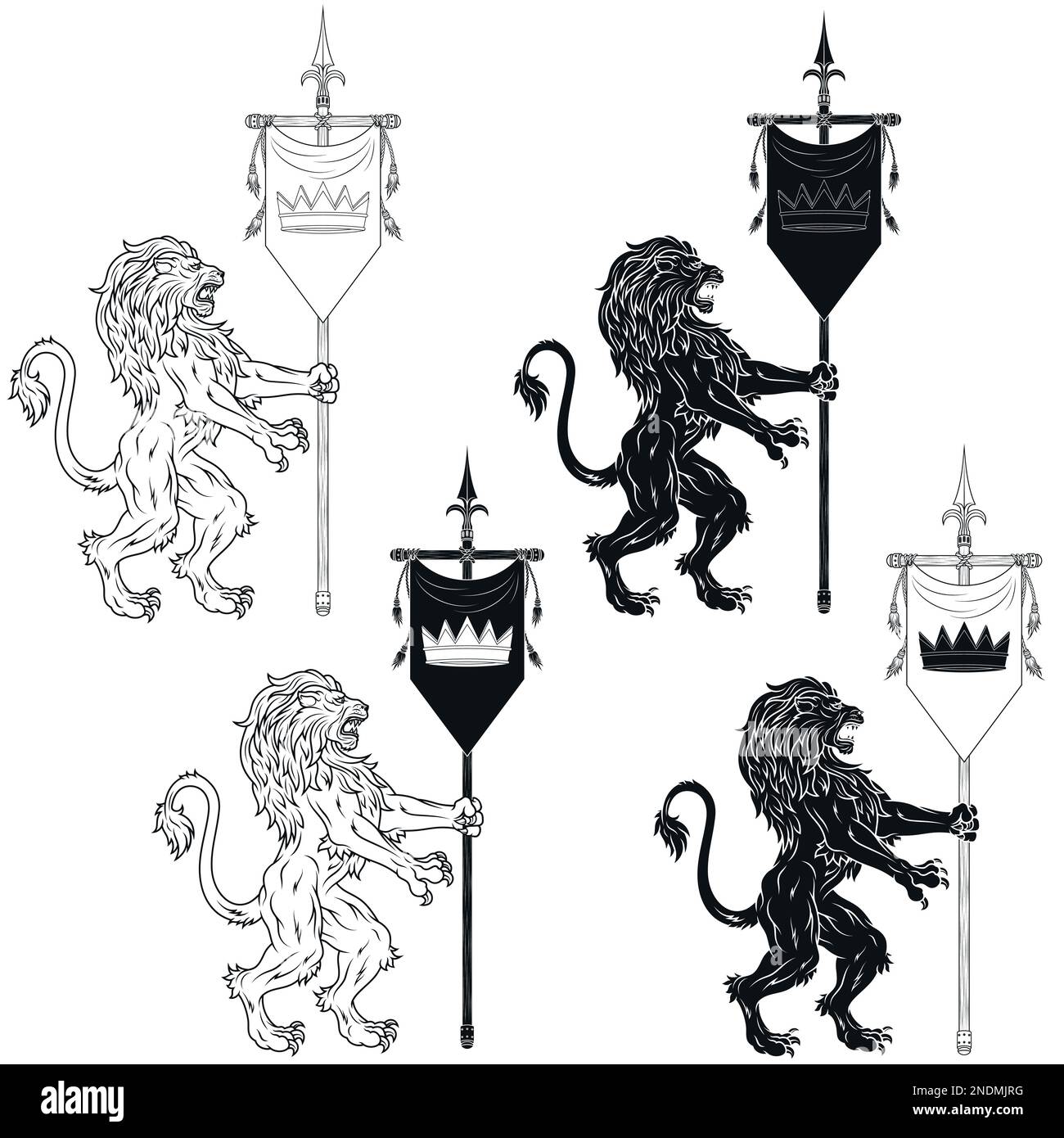 Vektordesign eines wilden Löwen mit mittelalterlichem Wimpel, ein heraldisches Symbol des europäischen Mittelalters Stock Vektor