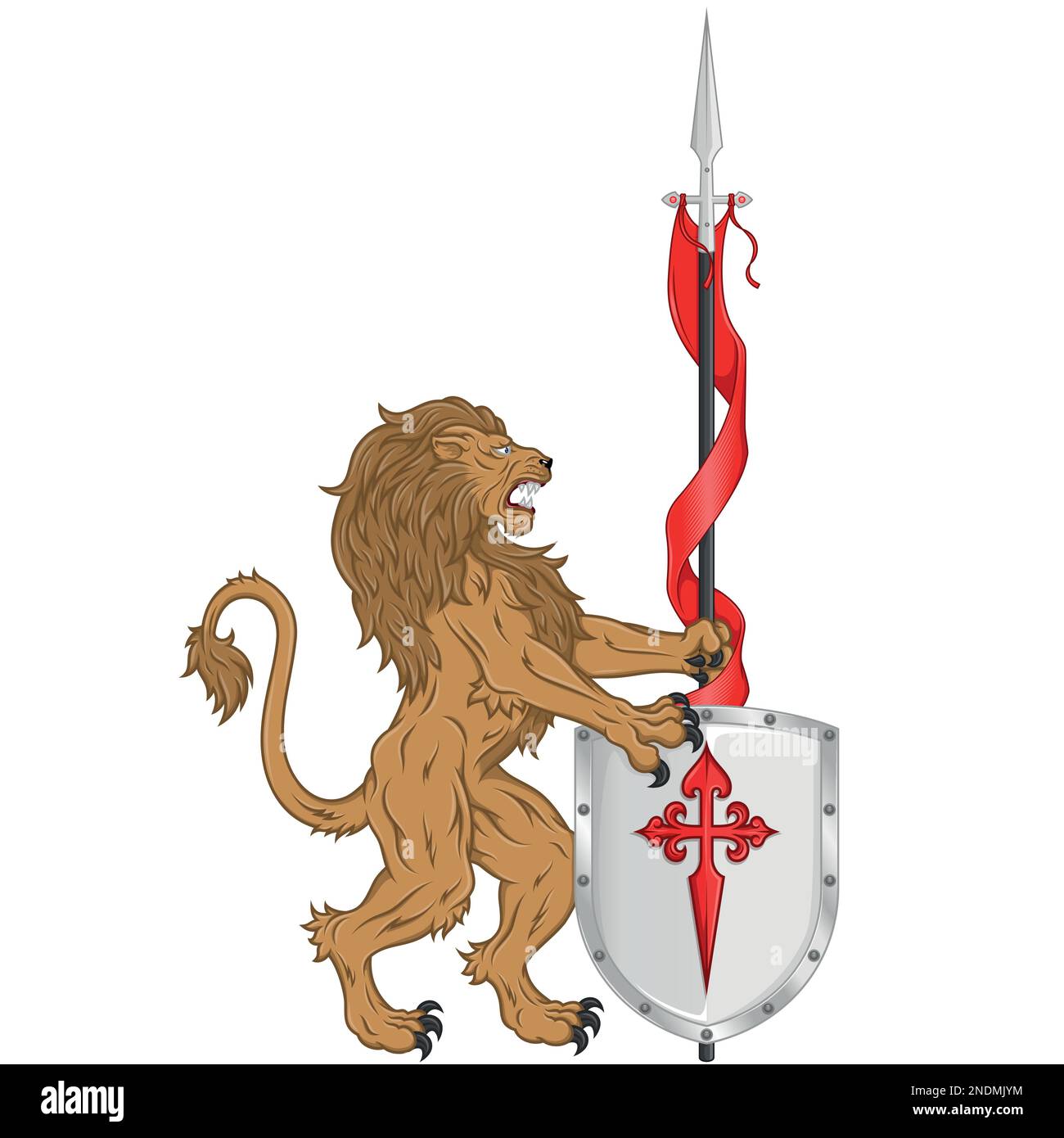 Vektordesign eines wilden Löwen mit mittelalterlichem Wimpel und Schild, bewaffneter Löwe mit Speer und Schild, ein Symbol des europäischen Mittelalters Stock Vektor