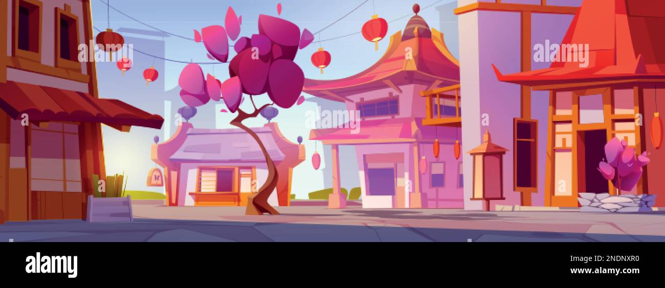 Blick auf die Straße in Chinatown mit Kirschblüten-Cartoon-Landschaft. Sakura-Baum in der Nähe des japanischen Gebäudes und der Stadtstraße im Dorf. Reise zur Laterne auf asiatisch h Stock Vektor