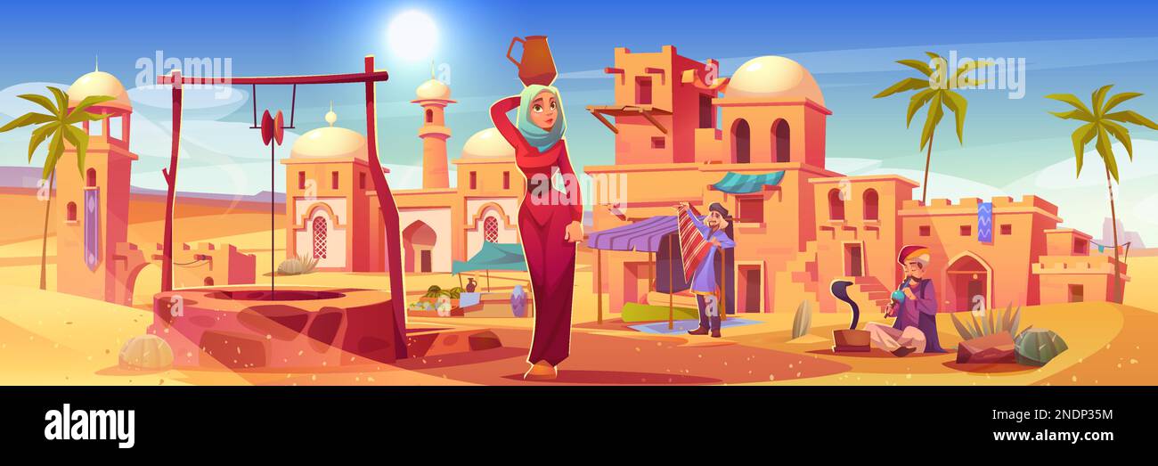 Alte arabische Stadt mit alten Häusern und Gebäuden in der Wüste. Arabische Stadtlandschaft mit Markt, Brunnen, Moschee und Frau mit Krug auf dem Kopf, Vektor C. Stock Vektor