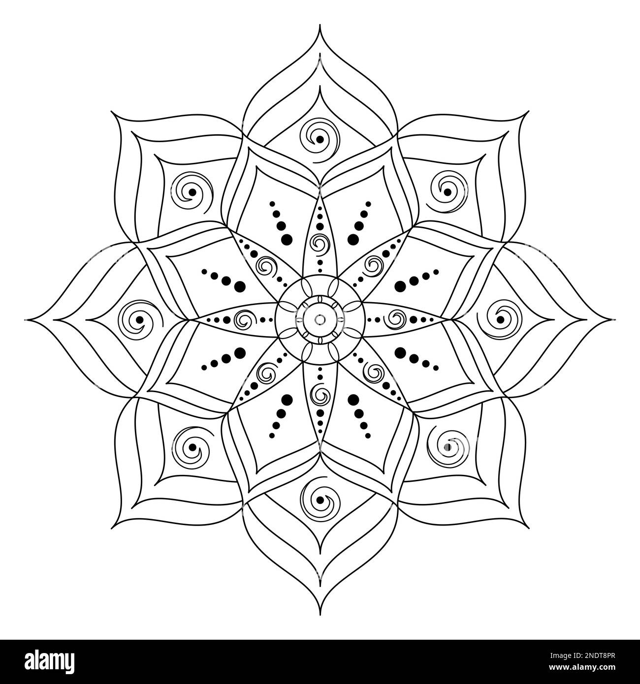 Schwarz-weißes Mandala mit Blütenblättern auf weißem Hintergrund. Orientalisches Muster im Vektor. Stock Vektor