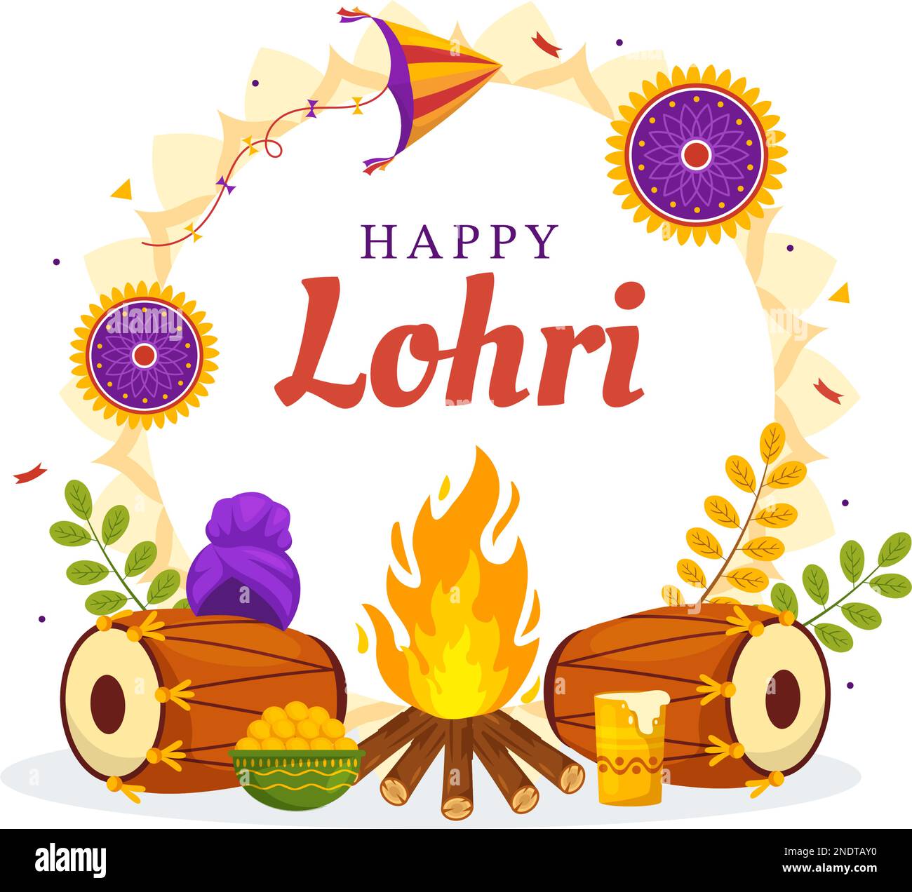 Happy Lohri Festival of Punjab India Illustration mit Dance and Celebration Bonfire in Flat Cartoon handgezeichnet für Landing Page Templates Stock Vektor