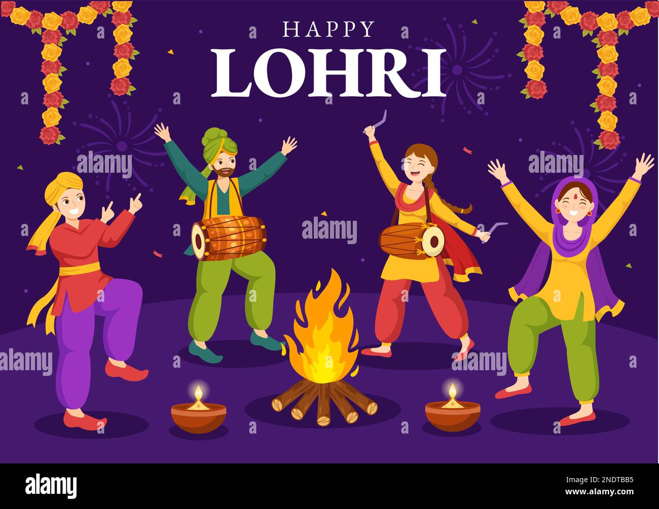 Happy Lohri Festival of Punjab India Illustration mit Dance and Celebration Bonfire in Flat Cartoon handgezeichnet für Landing Page Templates Stock Vektor