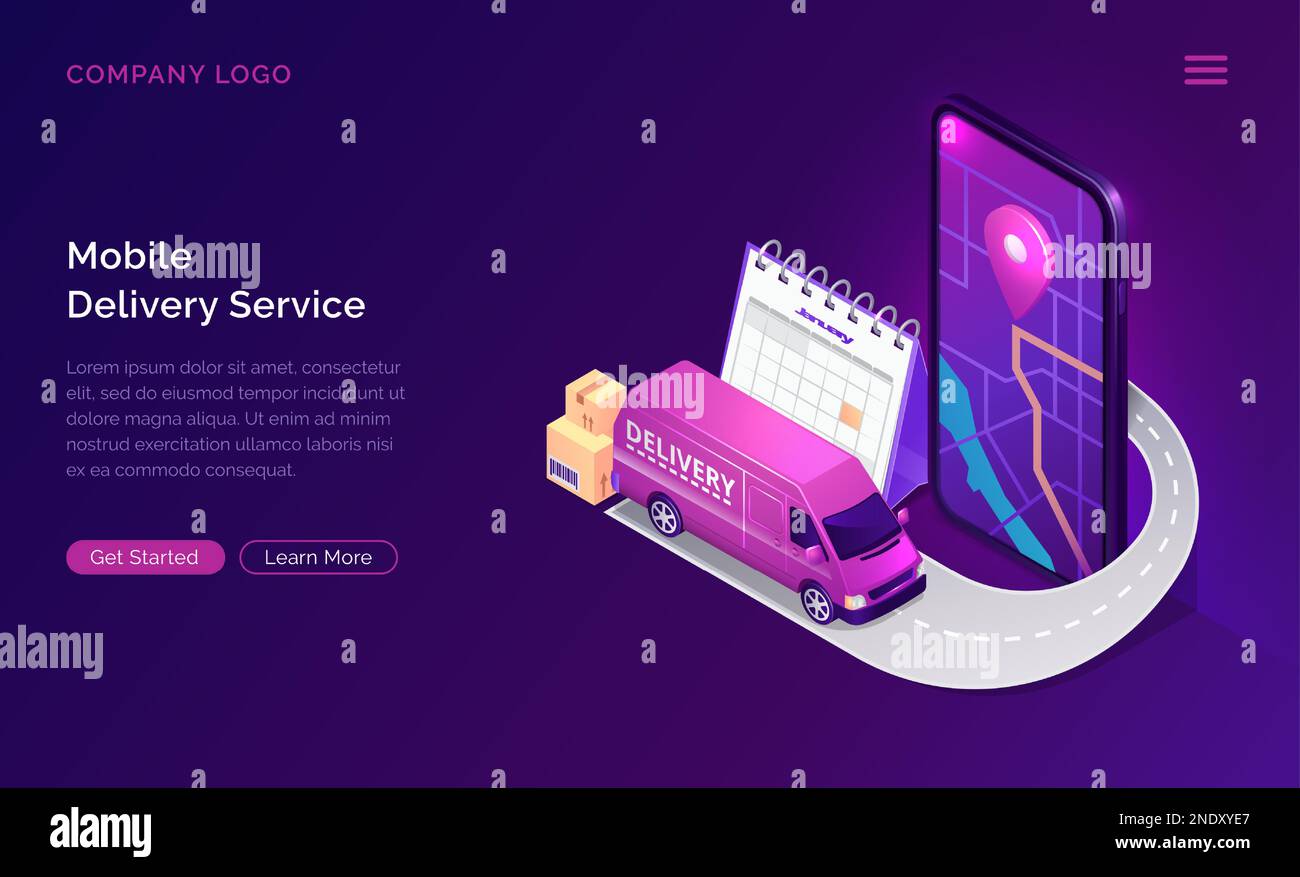 Mobile Delivery Service Online-App, vektorisometrisches Konzept. Mobiltelefonbildschirm mit Karte und gps-Schild, Straße und Kleinbus mit Paketen. Ultraviolettes Webbanner zur Sendungsverfolgung Stock Vektor