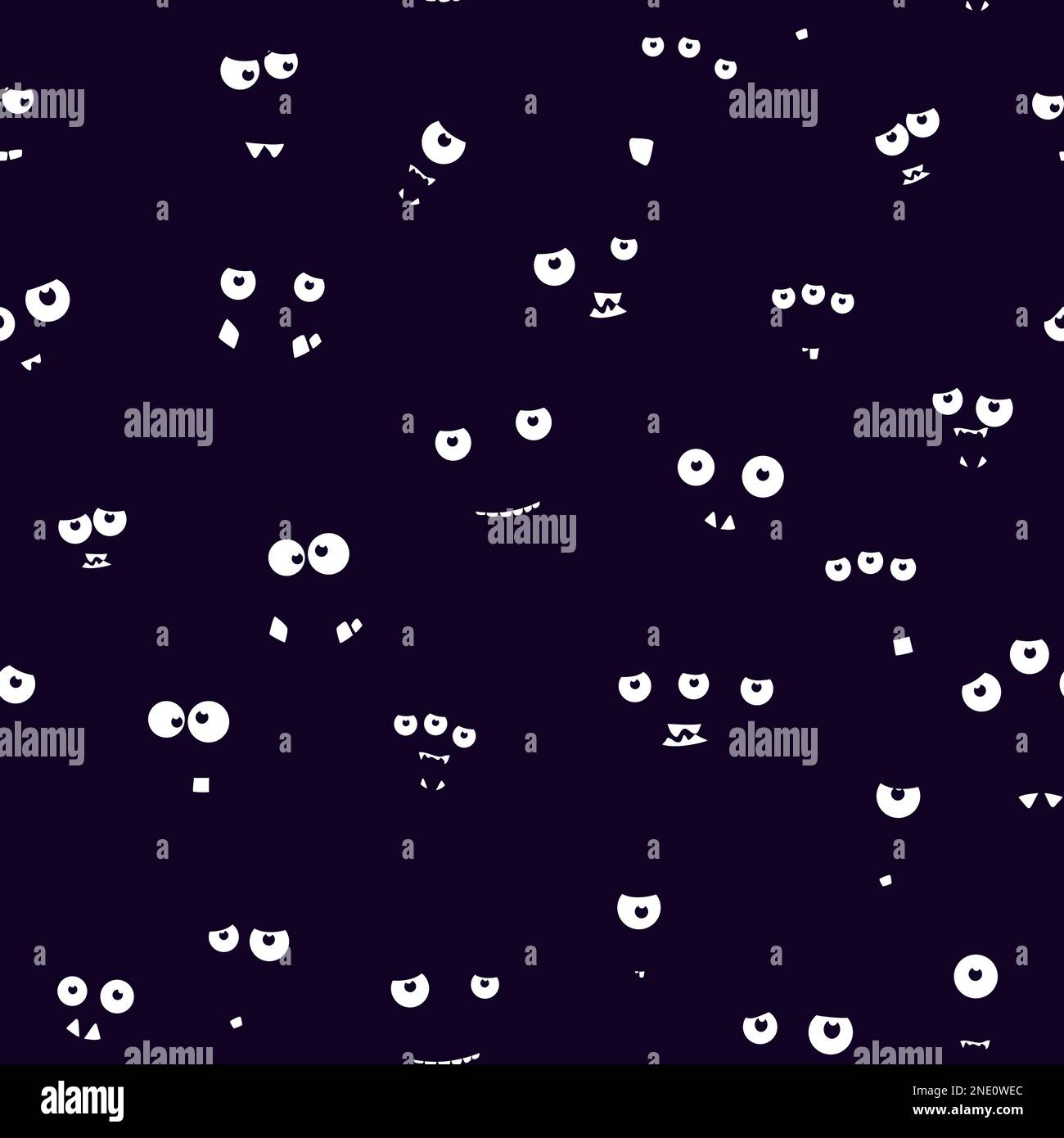 Schwarzer Hintergrund mit Augen. Nahtloses Vektormuster. Cartoon-Emoticon-Gesichter in der Nacht Stock Vektor