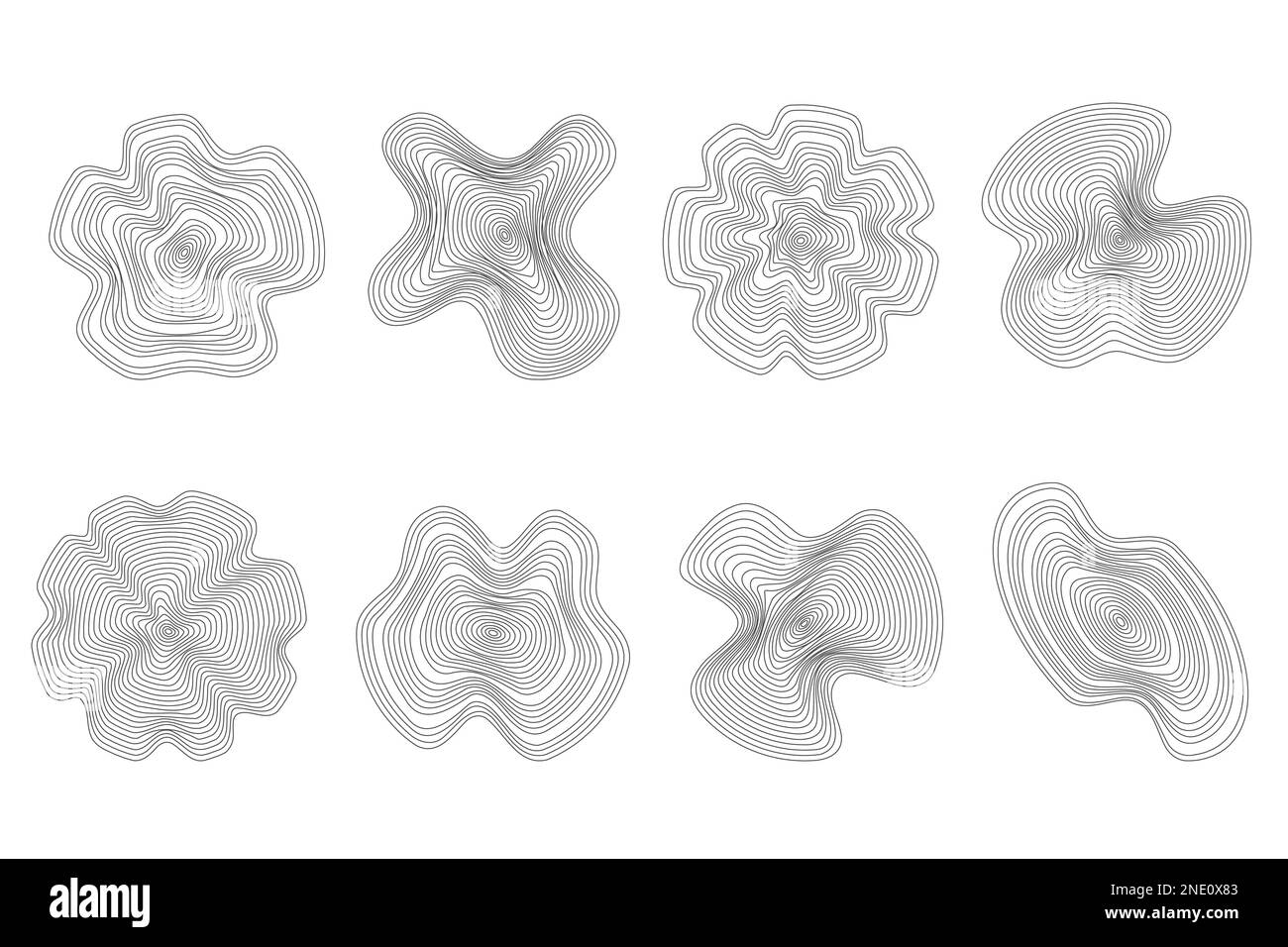 Lineares Muster von Holzbaumringen. Topographiekreise mit Kartentextur. Kreisförmige Wellenformen. Abstrakte Umrisslinien für Rumpf-Runden. Vektor Stock Vektor