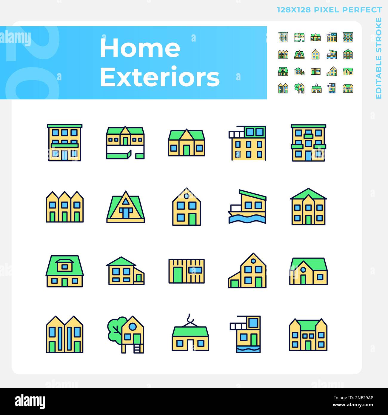 Home Exteriors Pixel Perfect RGB-Farbsymbole Stock Vektor