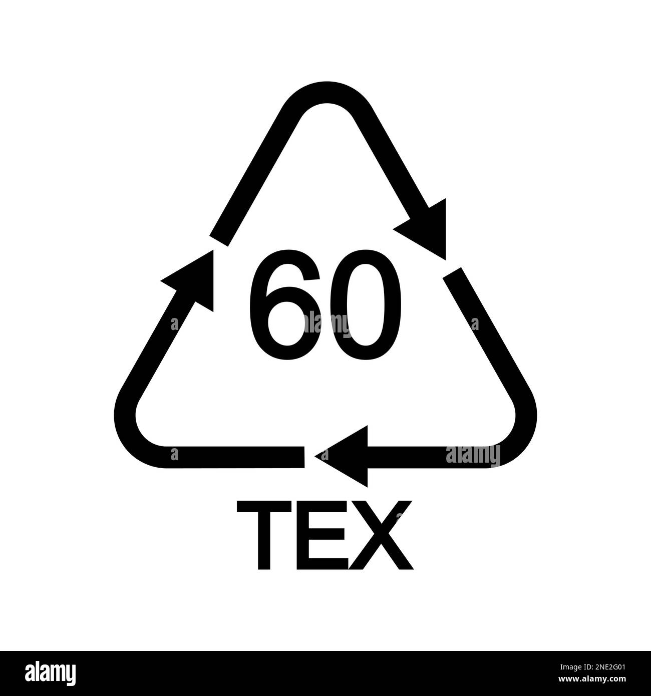 60 TEX-Recycling-Schild in dreieckiger Form mit Pfeilen. Wiederverwendbares Baumwollsymbol isoliert auf weißem Hintergrund. Codeetikett für organische Stoffe Stock Vektor