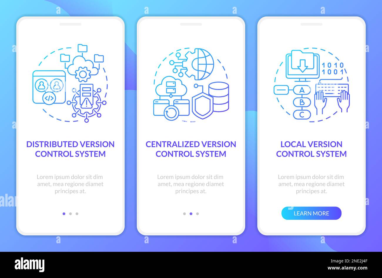 Versionskontrollsysteme Typen Blau Gradient Onboarding Mobile App Bildschirm Stock Vektor