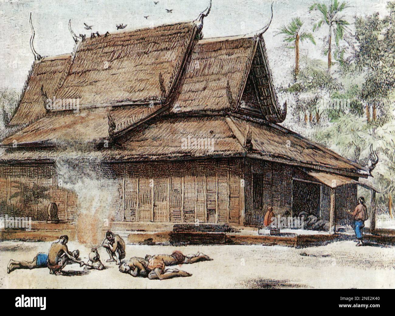 Camping am Eingang einer Pagode (Tempel) in Laos; Skizze und Aquarell von Eugene Burnand (c.1882) Stockfoto