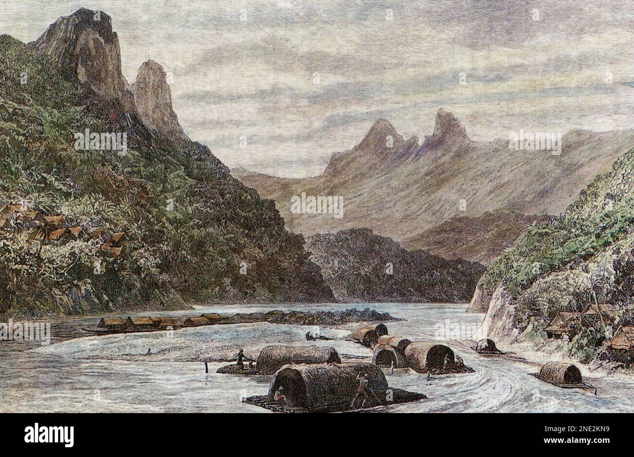 Muong Ngoi am Mekong in Laos; Skizze und Aquarell von Eugene Burnand (c.1881) Stockfoto