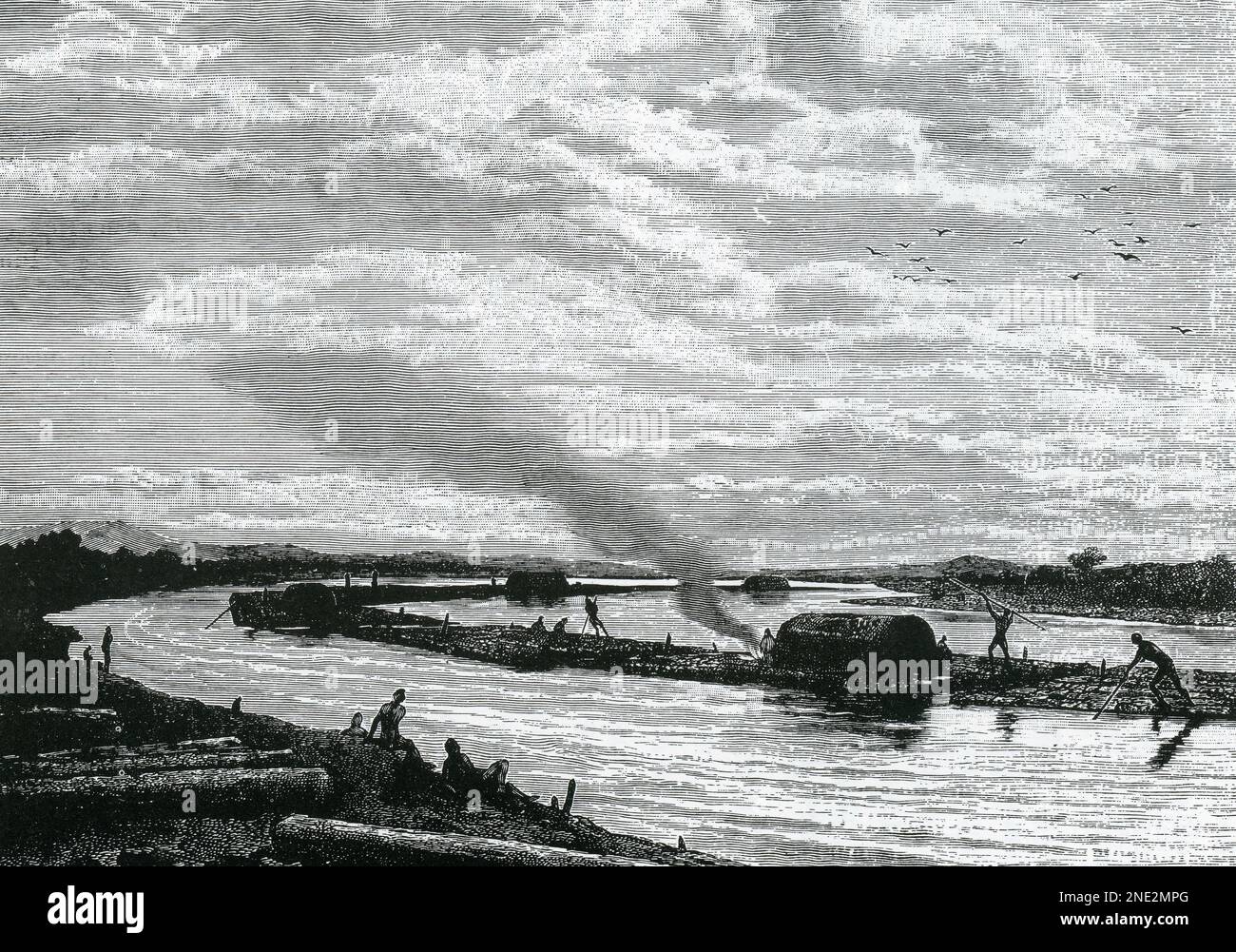 Riesiges Teakfloß auf dem Ping River, Siam; Skizze von Eugene Burnand (c.18820 Stockfoto