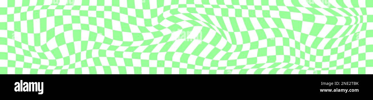 Groovy trippy Gitterstruktur. Verzerrter Schachbretthintergrund. Optische Täuschung mit Schachbrettmuster. Psychedelisches Muster mit verformten grünen und weißen Quadraten. Warp Stock Vektor