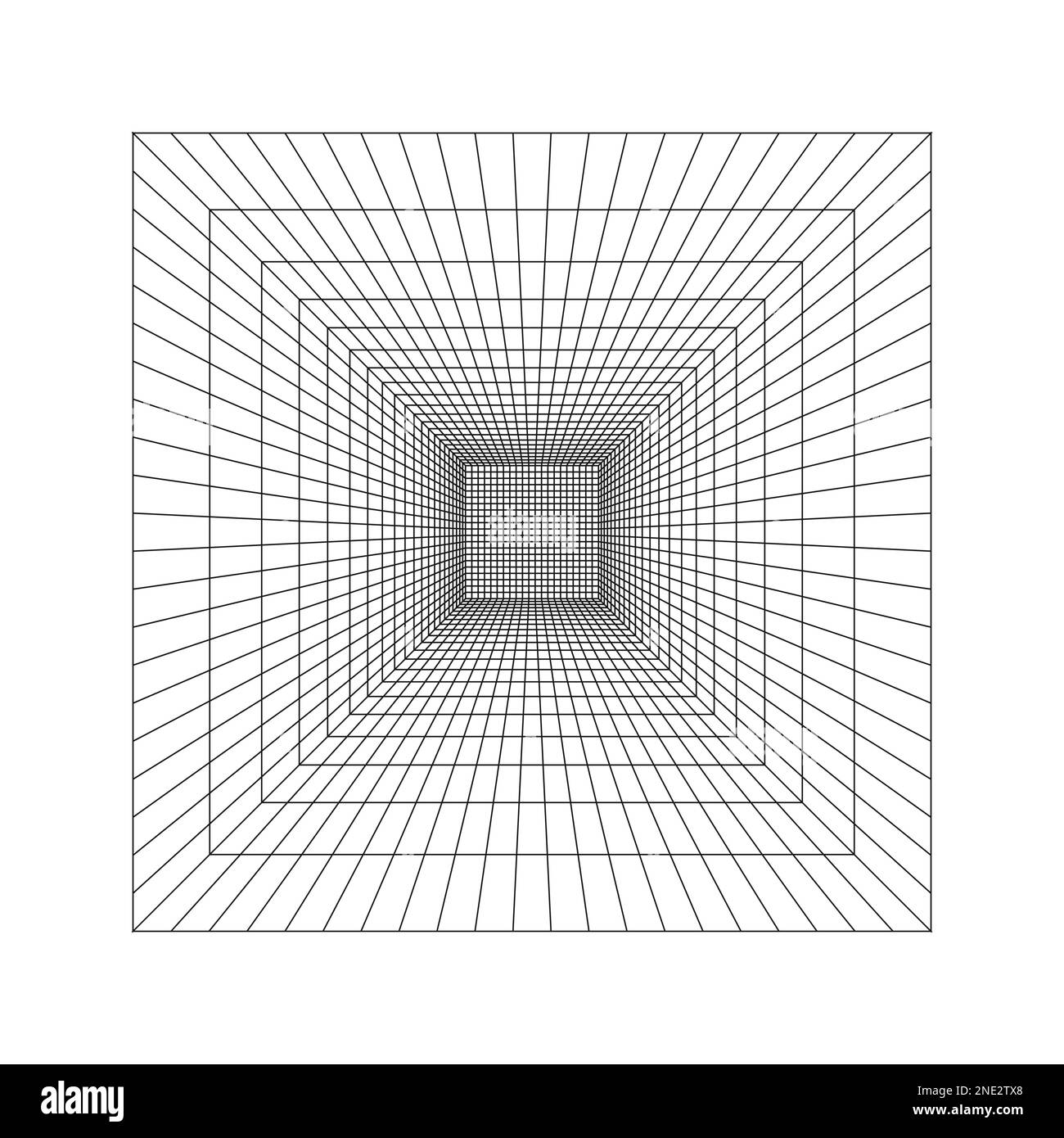 Würfelzimmer, Flur, Studio oder Drahtmodell des Cyberspace-Portals in Perspektive. Rasterstruktur der Kästchen. Ingenieurwesen, Architektur oder technischer Plan. Käfig Stock Vektor