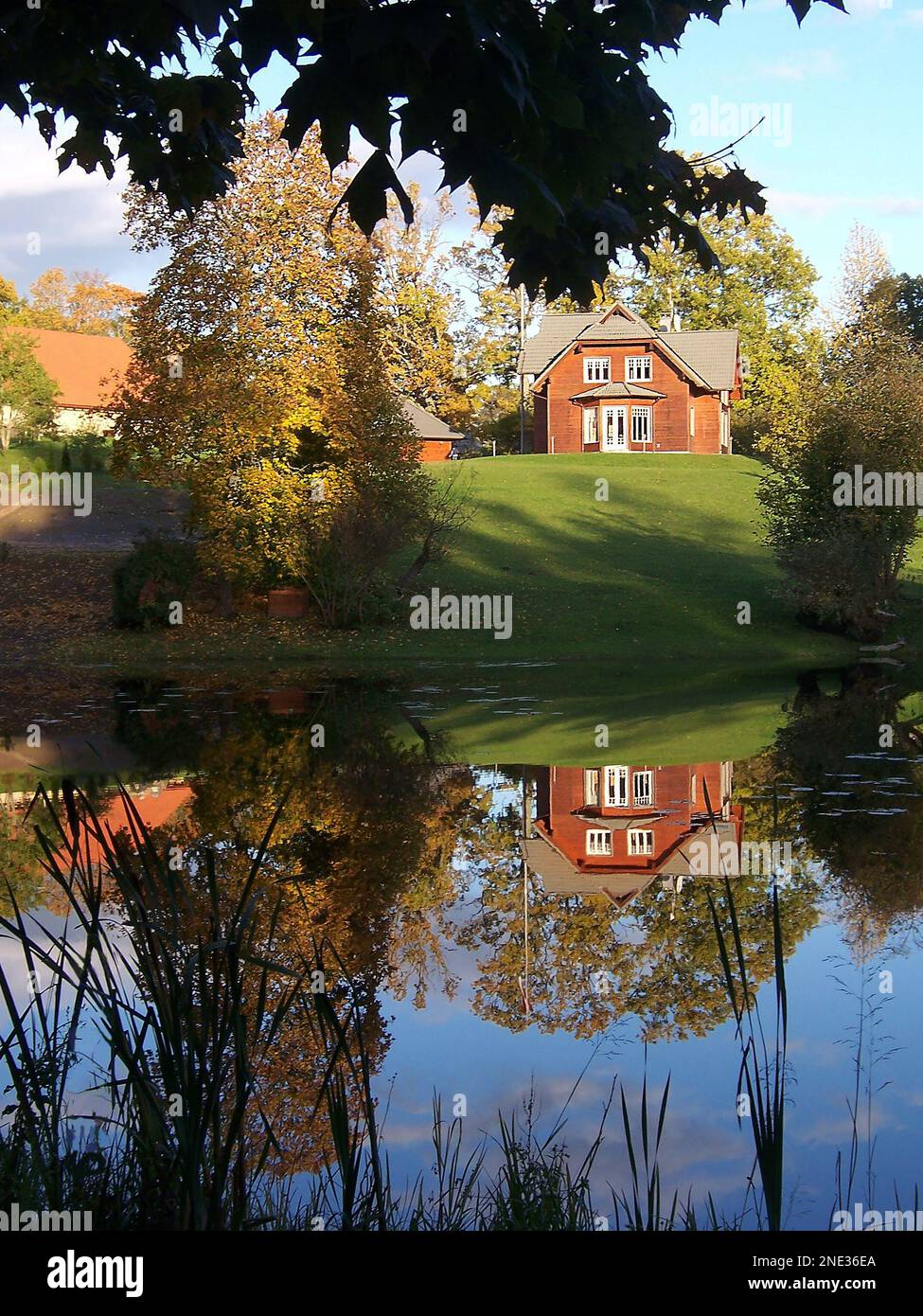 Ein kleines rotes Haus auf einem grünen Hügel spiegelt sich in der Spiegelfläche des Teichs wider. Stockfoto