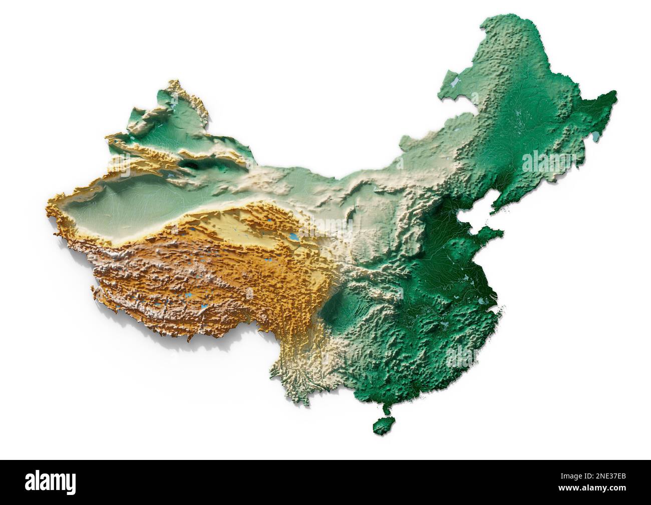 China. Sehr detailliertes 3D-Rendering schattierter Reliefkarten mit Flüssen und Seen. Farbig nach Höhe. Erstellt mit Satellitendaten. Stockfoto