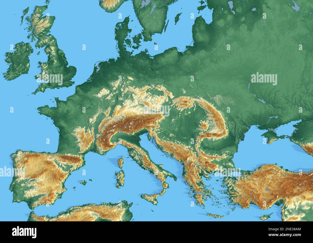 Europa. Sehr detailliertes 3D-Rendering schattierter Reliefkarten mit Flüssen und Seen. Farbig nach Höhe. Erstellt mit Satellitendaten. Stockfoto