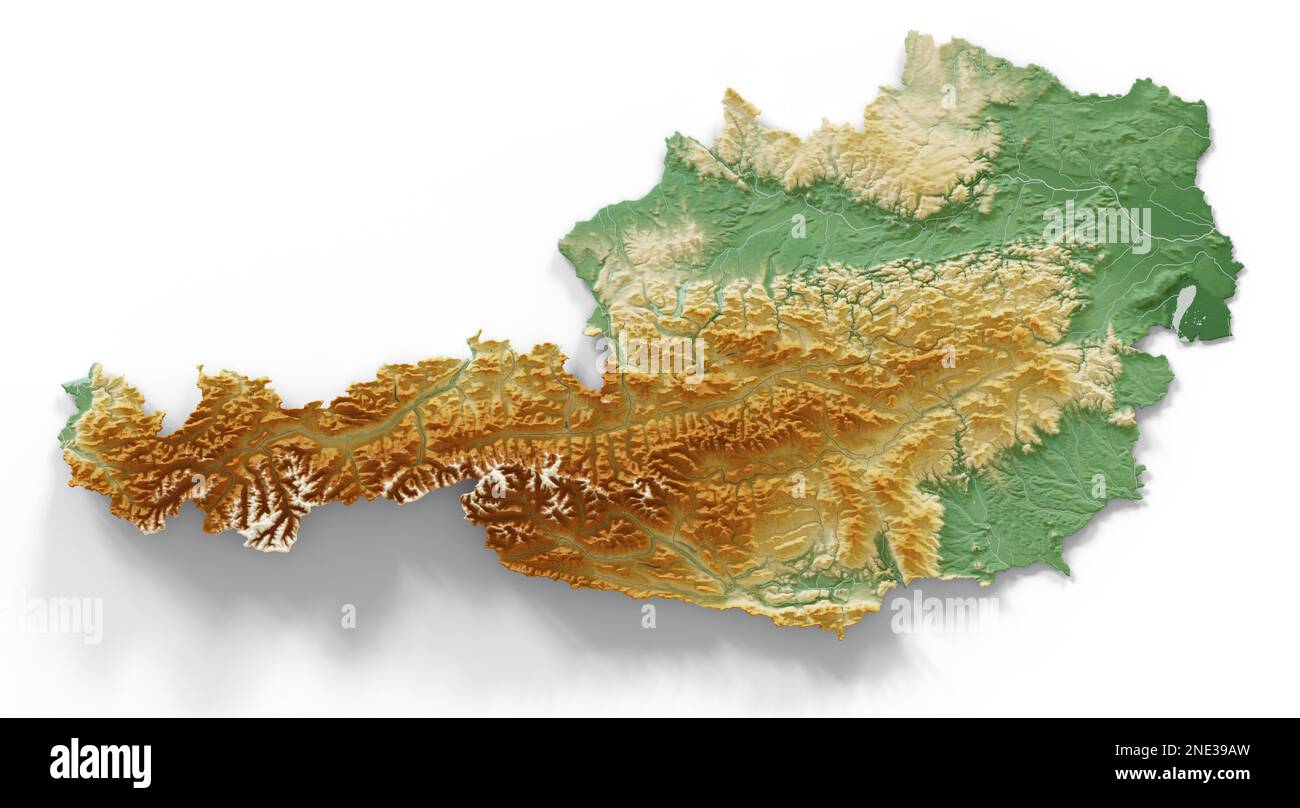 Österreich. Sehr detailliertes 3D-Rendering schattierter Reliefkarten mit Flüssen und Seen. Farbig nach Höhe. Erstellt mit Satellitendaten. Stockfoto
