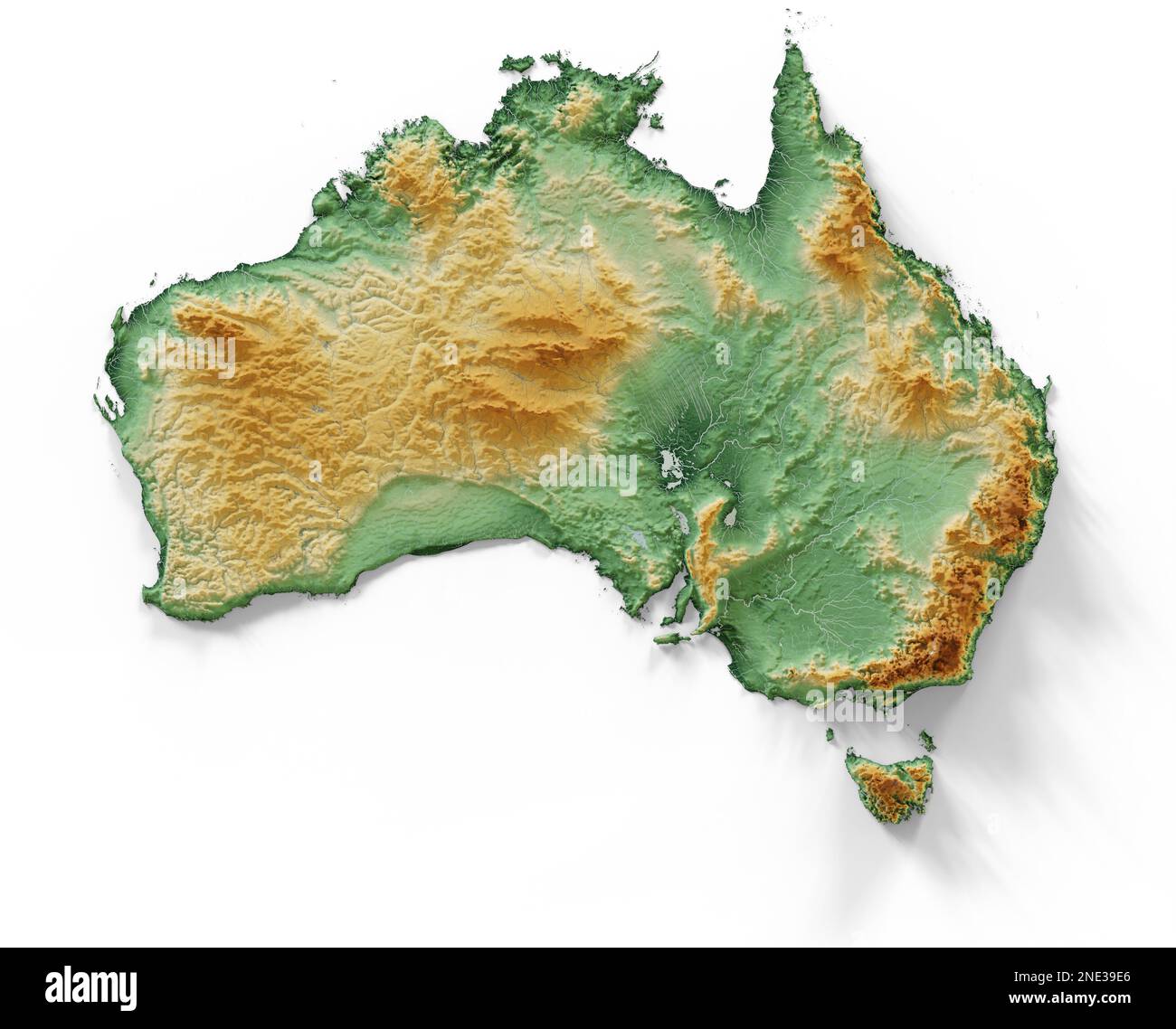 Australien. Sehr detailliertes 3D-Rendering schattierter Reliefkarten mit Flüssen und Seen. Farbig nach Höhe. Erstellt mit Satellitendaten. Stockfoto