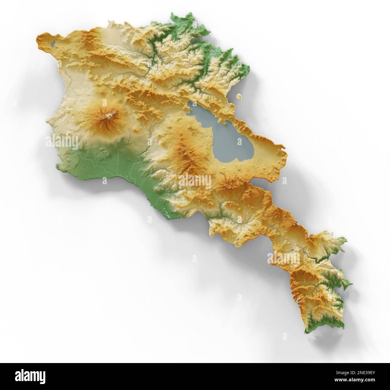 Armenien. Sehr detailliertes 3D-Rendering schattierter Reliefkarten mit Flüssen und Seen. Farbig nach Höhe. Erstellt mit Satellitendaten. Stockfoto
