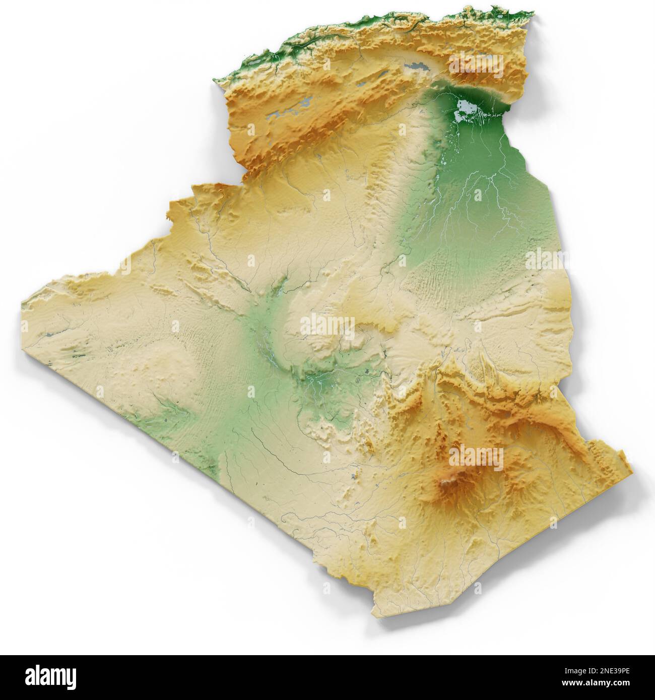 Algerien. Sehr detailliertes 3D-Rendering schattierter Reliefkarten mit Flüssen und Seen. Farbig nach Höhe. Erstellt mit Satellitendaten. Stockfoto