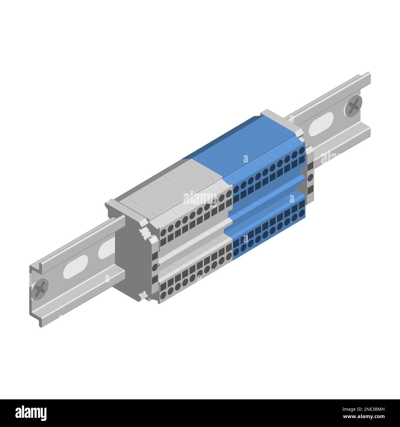 Anschlussklemmenblöcke zum Verbinden von Drähten auf einer din-Schiene. Isometrischer 3D-Stil, Vektordarstellung. Stock Vektor