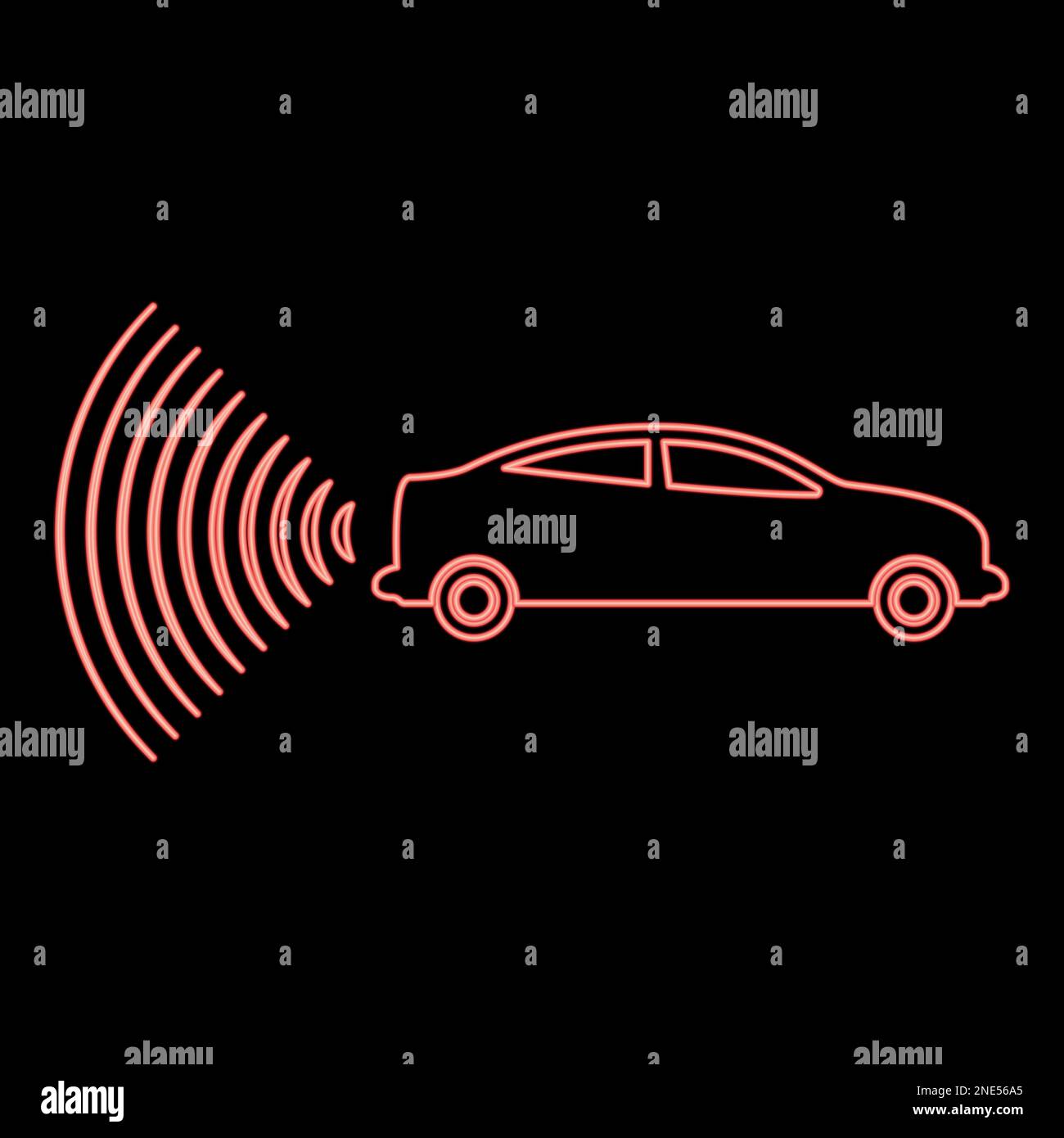 Neon-Autoradio Signalsensor Smart-Technologie Autopilot Rückrichtung rot Farbvektor Abbildung Bild flaches Licht Stock Vektor