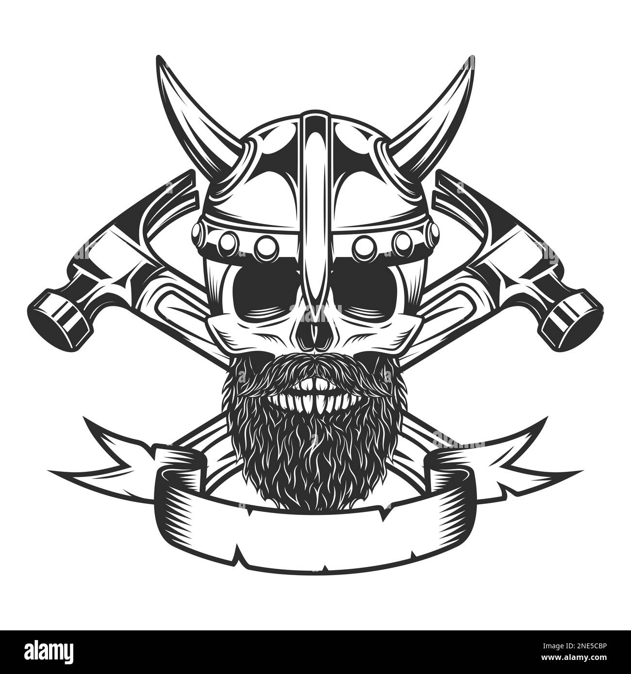 Wikingerschädel mit Schnurrbart und Bart und Hörner-Helm-Baumeister kreuzte Hämmer aus Neubau- und Umbauunternehmen in Monochrom Stock Vektor