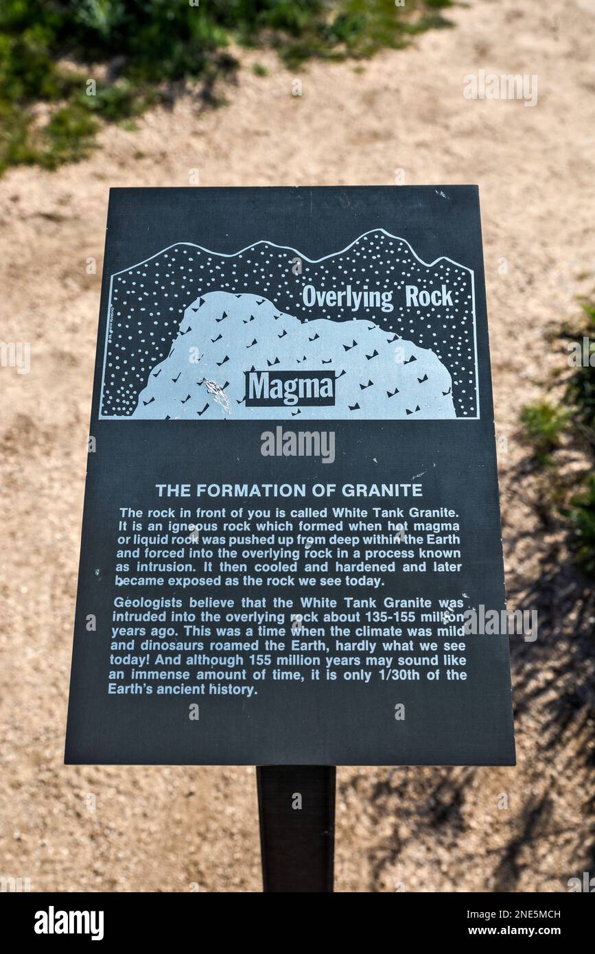 Hinweisschild in White Tank Campground, Mojave Desert, Joshua Tree National Park, Kalifornien, USA Stockfoto