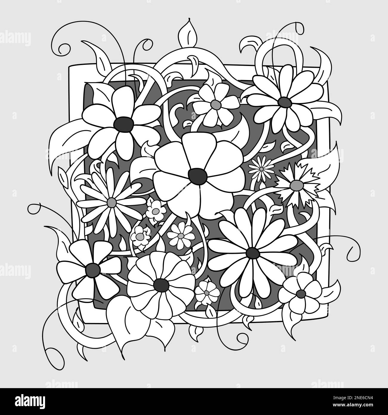 Rahmen mit Kritzelblumen und Blättern. Blumenschmuck für T-Shirts, Tasse und Einband des Notizbuchs. Stock Vektor
