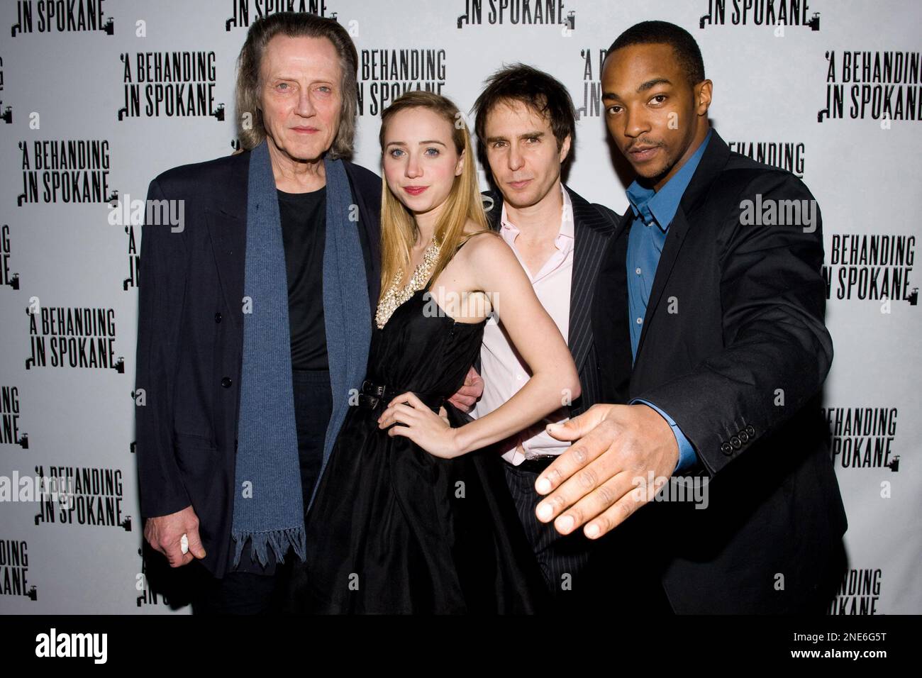 Christopher Walken, Sam Rockwell, Zoe Kazan and Anthony Mackie from the cast of 'A Behanding in Spokane' attend the opening night after party in New York, Thursday, March 4, 2010. (AP Photo/Charles Sykes) Stockfoto