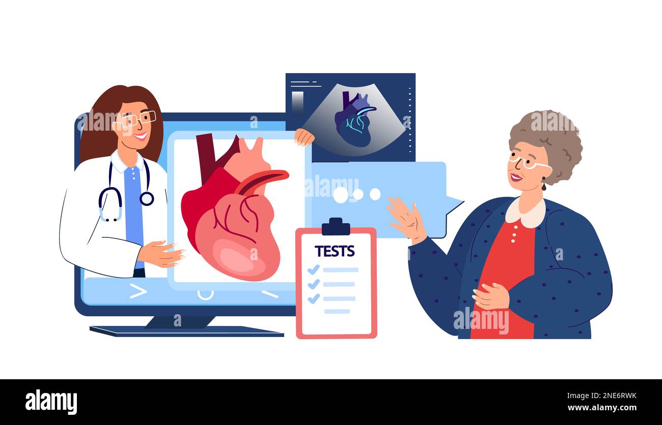 Online Kardiologe Arzt Beratung Patient Rentnerin Alte Frau.Medizinisches Krankenhaus.Internet Diagnostische Fluorographie.Herzdesease,Arterieller Druck Ca Stockfoto