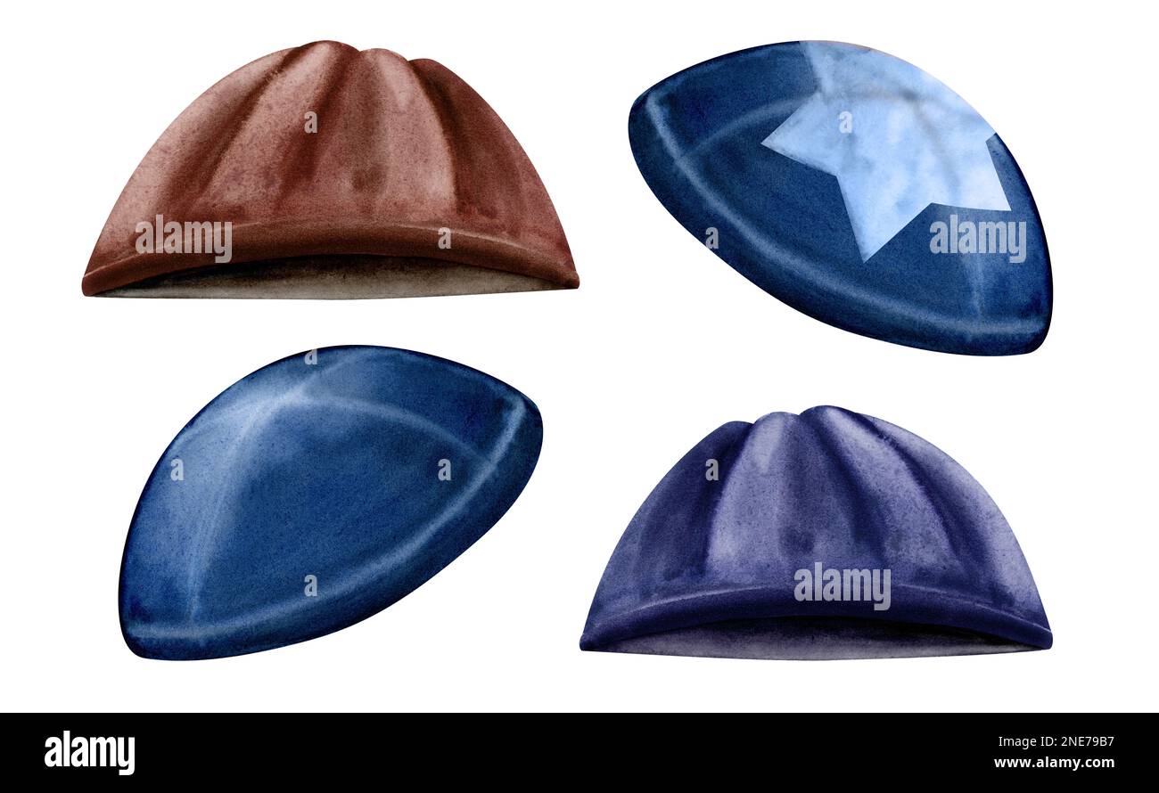 Set aus Aquarellkippot, handgezogener Yarmulke, jüdisch blaubrauner Kopfbedeckung Kippah mit Stern von David Illustration isoliert auf weißem Hintergrund Stockfoto
