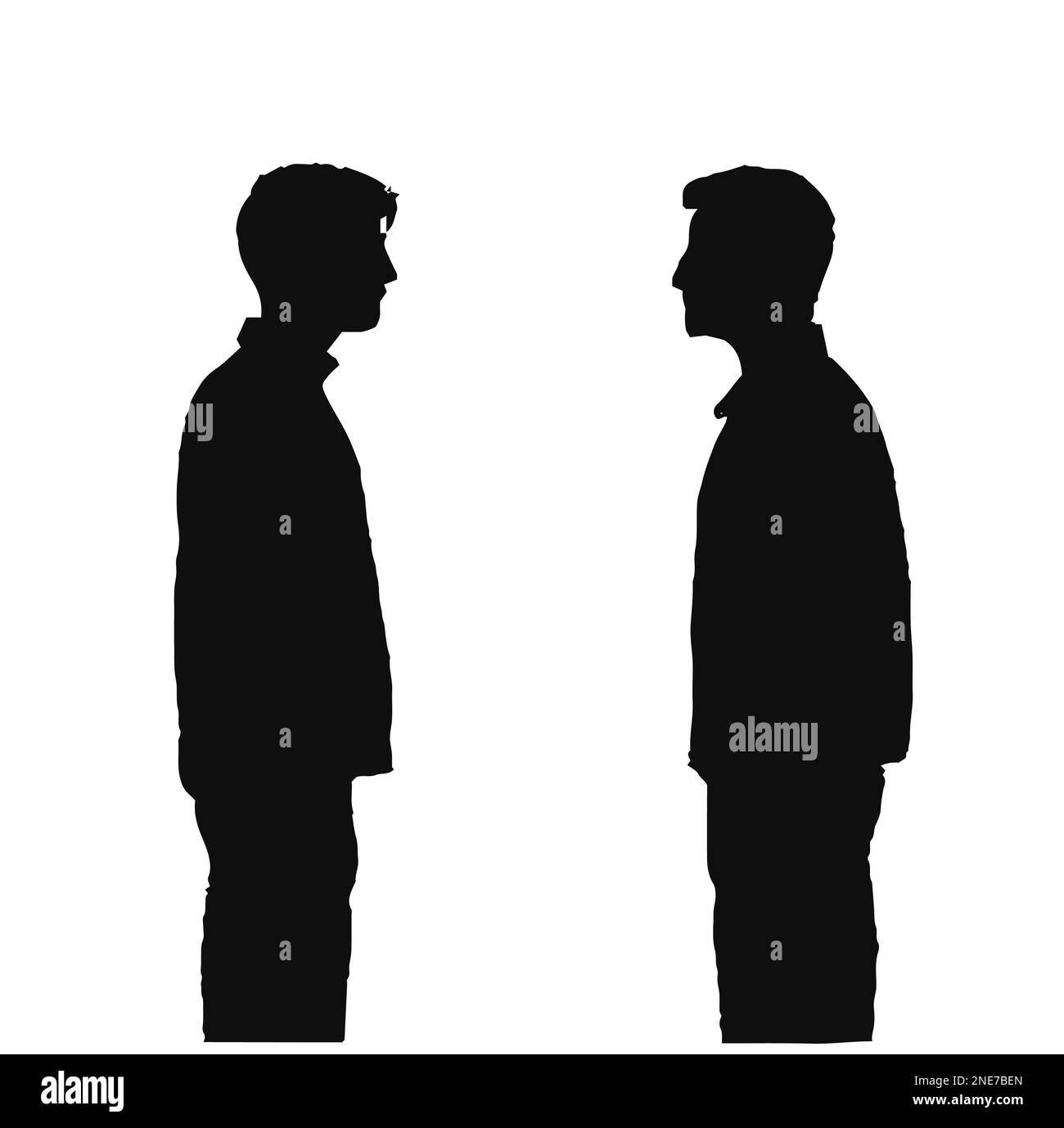 Zwei junge Männer, die Jacken tragen und sich unterhalten, Silhouette Stock Vektor