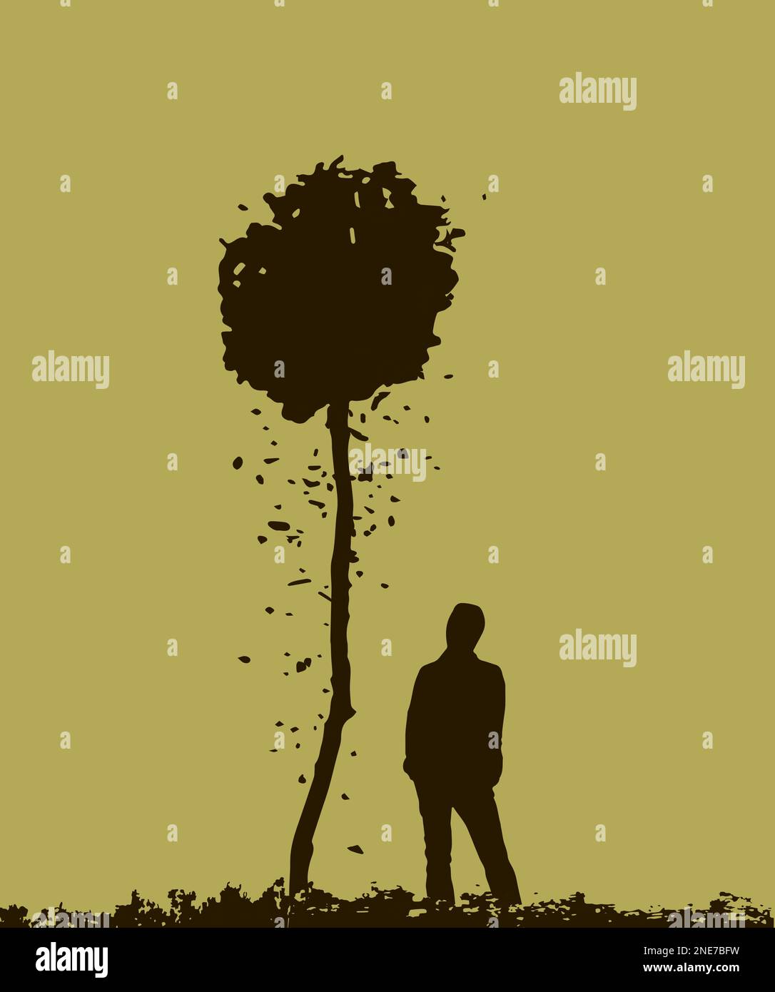 Mann und fallender Baum, Silhouette Stock Vektor